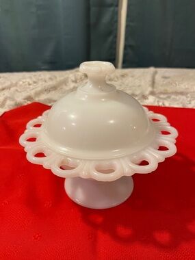 White Milk Glass Lidded Compote with Loop Edge